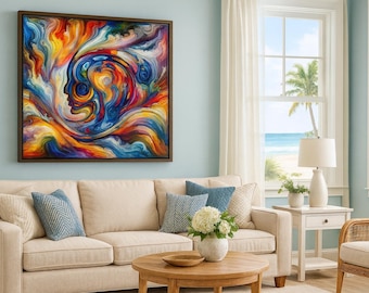 Lebhafter abstrakter expressionistischer Kunstdruck | Bunte moderne weibliche Silhouette | Psychedelische Wanddekoration