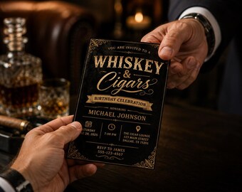Geburtstagseinladung mit Whiskey und Zigarren, Einladung zum Männergeburtstag, Zigarrenlounge-Party, personalisierte digitale Einladung, Schwarz-Gold