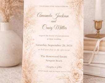 Boho Pampas Hochzeitseinladung, neutrale elegante rustikale Hochzeitseinladung (Digitaler Download)
