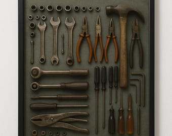 Vintage Mechaniker Werkzeuge gerahmter Druck - Garagen-Collage-Wandkunst