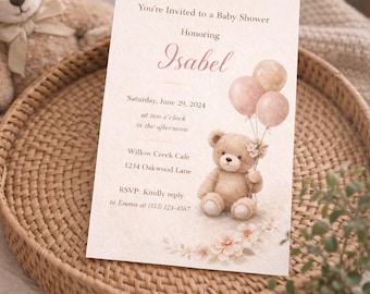Teddy Bär-Baby-Dusche-Einladung, Neutral Mädchen-Dusche einladen (digitaler Download)