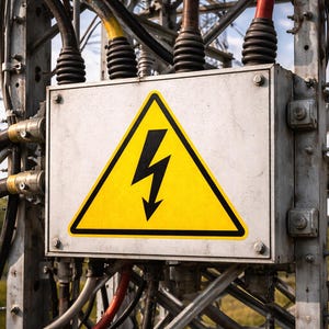 May include: A close-up of an electrical box with a yellow and black warning sign featuring a lightning bolt symbol. The box is mounted on a metal structure with various cables and wires. An electrical tower is visible in the background.
