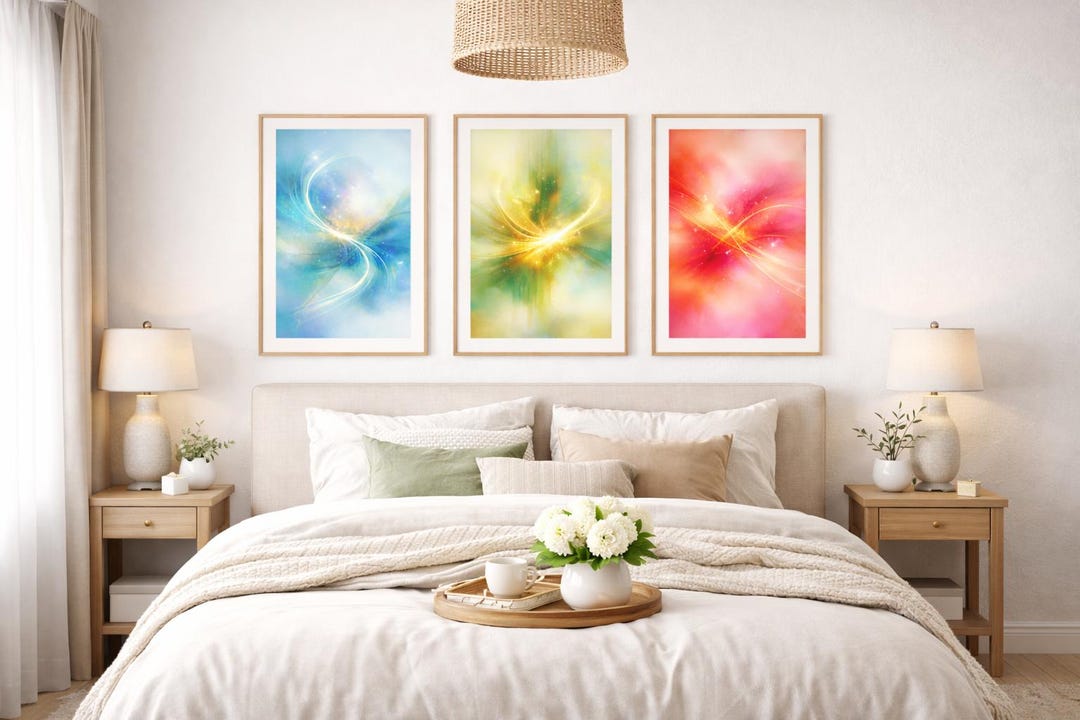 Abstract Triptych Wall Art Set, Blue Green Red, Modern Home Decor ...