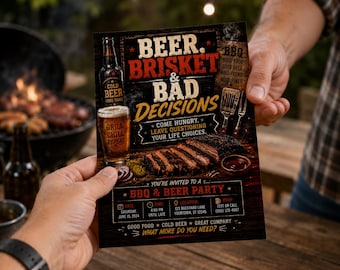 Lustige Einladung zum Grillen und Bieressen, Einladung zum Bier-Brisket-Fest mit dem Motto „Schlechte Entscheidungen“, Einladung zum Grillen im Garten, Grillparty für Erwachsene, Bierparty (digitaler Download)