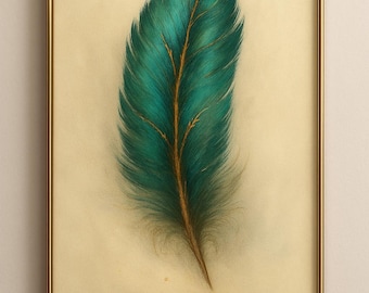 Teal Feather Wall Art | Gold Detail, Boho Home Decor (Digital Download)