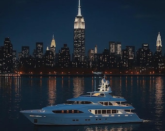 NYC Night Skyline mit Luxusyacht | NYC Urban Landschaft Druck | Manhattan Wasser Kunst