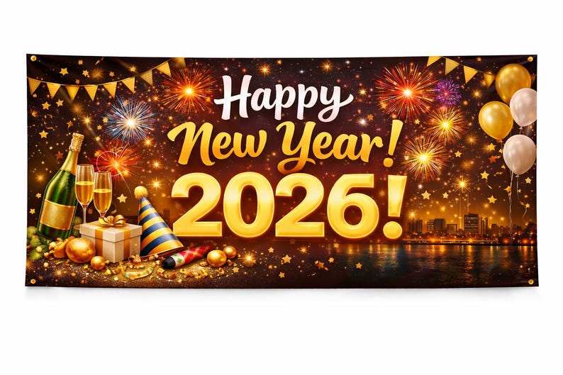 Happy New Year 2026 Banner Printable | New Years Eve Party Decor ...
