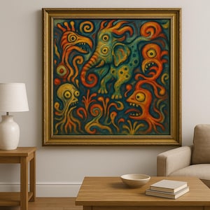 Puede incluir: Una pintura enmarcada que representa una escena surrealista con criaturas vibrantes e imaginativas. La obra de arte incluye una forma de elefante y otros seres extraños en tonos naranja, amarillo y verde azulado sobre un fondo azul oscuro. La pintura se presenta en un marco dorado.