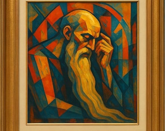 Kubistische Älteste Porträt Wandkunst Abstrakte Geometrische Malerei Tiefe Weisheit Kunstwerk Moderne Kunstwerk
