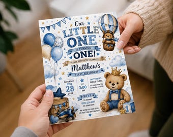 Einladung zum ersten Geburtstag für Jungen, Teddybär-Geburtstagseinladung, personalisierte digitale Einladung zum ersten Geburtstag in Blau für Jungen
