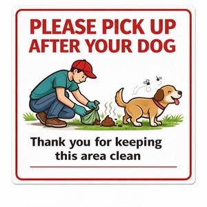 Könnte beinhalten: Rechteckiges Schild mit rotem Rand und weißem Hintergrund. Die Illustration zeigt eine Person, die Hundekot aufsammelt, einen glücklichen Hund und den Text "PLEASE PICK UP AFTER YOUR DOG" und "Thank you for keeping this area clean."