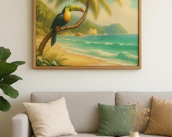 Tropische Tukan Wandkunst | Vintage Kunstdruck Palme Küsten Dekor | Insel-Dschungel-Kunst