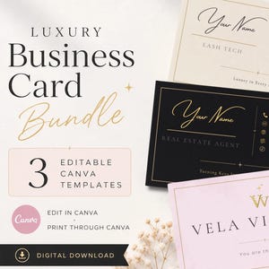 Può includere: Tre modelli di biglietti da visita rettangolari con tipografia elegante e dettagli dorati. Le carte sono presentate in tonalità crema, nero e rosa chiaro, mostrando informazioni di contatto, titoli professionali e nomi come Vela Visions.