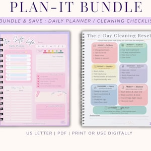 May include: A Plan-It Bundle featuring a spiral-bound daily planner titled The Soft Life and a 7-Day Cleaning Reset checklist. The planner has pink sections for tasks and priorities, while the cleaning guide uses color-coded boxes for daily chores.