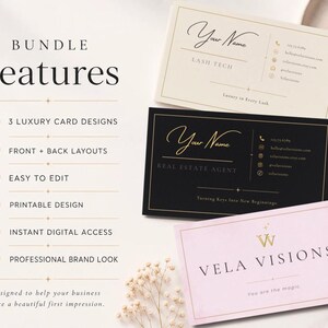 Puede incluir: Tres tarjetas de visita rectangulares en crema, negro y rosa claro con detalles dorados. El texto incluye BUNDLE Features, 3 LUXURY CARD DESIGNS, FRONT + BACK LAYOUTS, EASY TO EDIT, PRINTABLE DESIGN, INSTANT DIGITAL ACCESS, PROFESSIONAL BRAND LOOK y VELA VISIONS.