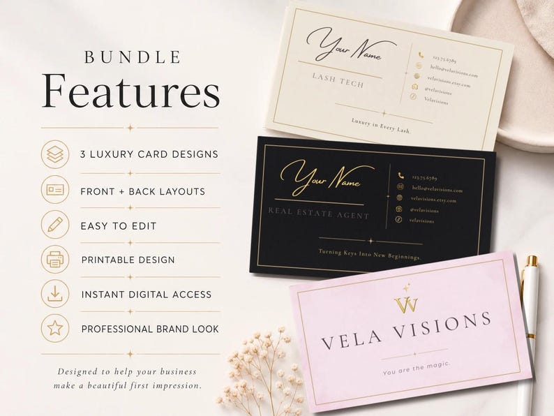 Puede incluir: Tres tarjetas de visita rectangulares en crema, negro y rosa claro con detalles dorados. El texto incluye BUNDLE Features, 3 LUXURY CARD DESIGNS, FRONT + BACK LAYOUTS, EASY TO EDIT, PRINTABLE DESIGN, INSTANT DIGITAL ACCESS, PROFESSIONAL BRAND LOOK y VELA VISIONS.