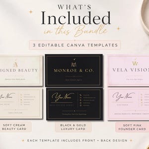 Puede incluir: Un conjunto de tres plantillas de tarjetas de visita editables en crema suave, negro y dorado, y rosa suave. Cada tarjeta presenta dise&ntilde;os de anverso y reverso con texto que incluye Aligned Beauty, Monroe & Co. y Vela Visions, m&aacute;s datos de contacto.