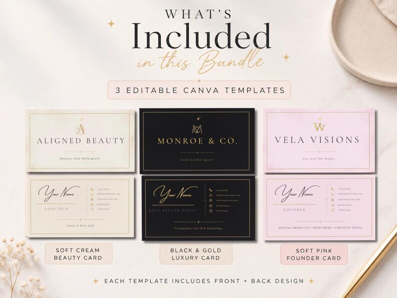 Puede incluir: Un conjunto de tres plantillas de tarjetas de visita editables en crema suave, negro y dorado, y rosa suave. Cada tarjeta presenta dise&ntilde;os de anverso y reverso con texto que incluye Aligned Beauty, Monroe & Co. y Vela Visions, m&aacute;s datos de contacto.