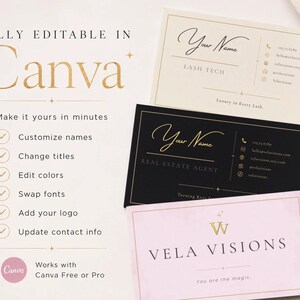 Puede incluir: Tres tarjetas de visita rectangulares en crema, negro y rosa claro con detalles dorados. Las tarjetas presentan campos de texto personalizables para nombres, t&iacute;tulos e informaci&oacute;n de contacto. El texto incluye 'Fully Editable in Canva', 'Your Name', 'Lash Tech', 'Real Estate Agent', 'Vela Visions' y 'You are the magic'.
