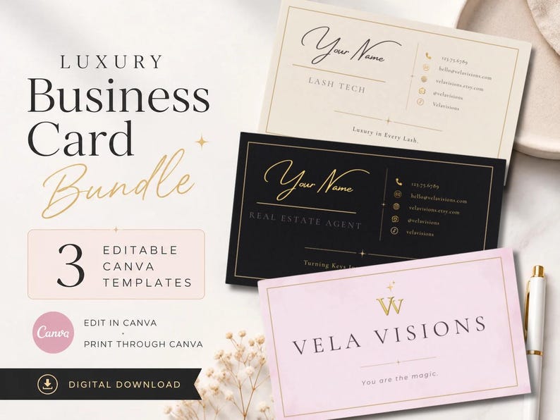 May include: Three rectangular business card templates featuring elegant typography and gold accents. The cards are displayed in cream, black, and light pink color schemes, showcasing contact information, job titles, and brand names like Vela Visions.