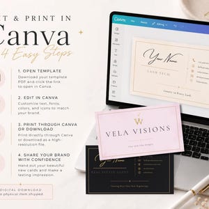 Puede incluir: Una plantilla digital para tarjetas de visita mostrada en la pantalla de un port&aacute;til y como tarjetas f&iacute;sicas en rosa y negro. El texto incluye Edit & Print in Canva in 4 Easy Steps, Vela Visions y datos de contacto para lash tech y agente.