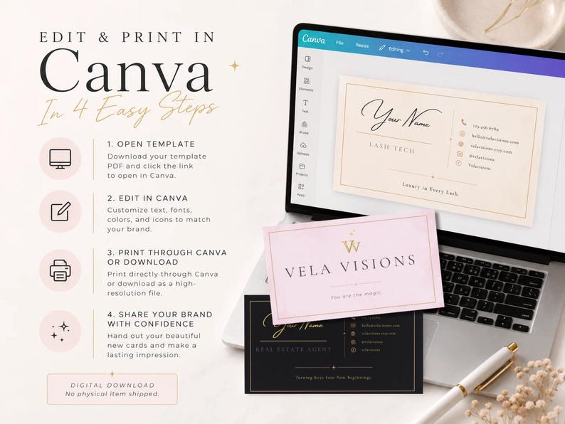 Puede incluir: Una plantilla digital para tarjetas de visita mostrada en la pantalla de un port&aacute;til y como tarjetas f&iacute;sicas en rosa y negro. El texto incluye Edit & Print in Canva in 4 Easy Steps, Vela Visions y datos de contacto para lash tech y agente.