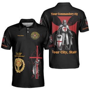 May include: Black polo shirt with a knight and cross design. The front has a crest and the text "Your Name" and "Past Right Eminent Grand Commandery". The back features a knight and the text "Your Commandery #II" and "Your City, State".