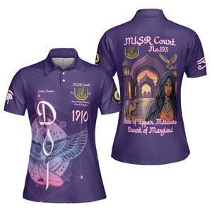 May include: Purple polo shirt featuring a detailed graphic design. The front displays a stylized figure with wings and the text "D 1910". The back showcases an illustration of a woman, a camel, and architectural elements, with the text "MISR Court No.193".
