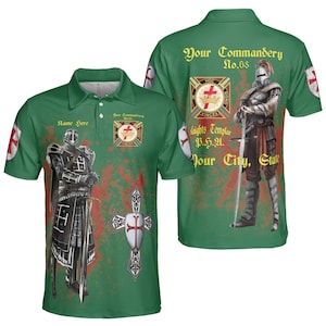 May include: Green polo shirt with a knight illustration and the text "Your Commandery No.68". The shirt features a cross emblem and the words "Knights Templar". The design includes a shield and sword, with the text "Your City, State".