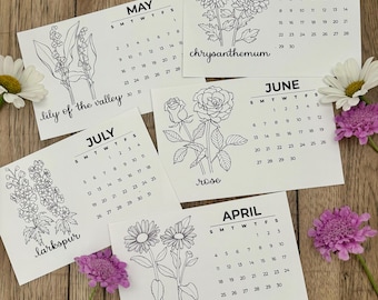 Druckbarer akademischer Geburtsmonats-Blumenkalender – 2026–2027 – Minimalistischer botanischer Kalender – Kalender zum Selbstausmalen – 4x6 PDF-Download