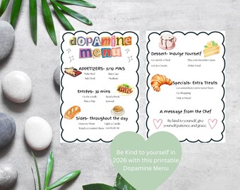 Szablon menu dopaminy, cyfrowy planer ADHD do pobrania, lista pielęgnacji mózgu, narzędzie do dbania o dobre samopoczucie osób neuroatypowych