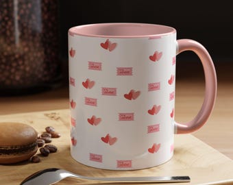 Kubek do kawy z motywem różowych lub czerwonych serc akwarelowych | Kubek z ozdobnym uchwytem