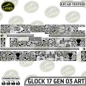 Op de afbeelding: Zwart-wit lasergesneden ontwerp voor een Glock 17 Gen 03. Het ontwerp toont sierlijke bloempatronen, schedels en gotische beelden. De tekst "EZCAD TESTED" is zichtbaar. Bestandstypen zijn PNG, SVG, AI en DXF.