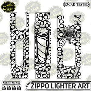May include: Black and white Zippo lighter art design. The design includes handcuffs, a sheriff's badge, and a stylized image of a rolled item. The text "ZIPPO LIGHTER ART" is at the bottom. The design is "EZCAD TESTED".