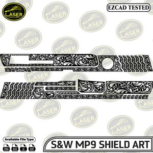 May include: Black and white floral design for an S&W MP9 Shield. The design includes the text "S&W MP9 SHIELD ART" and "EZCAD TESTED". Available file types are PNG, SVG, AI, and DXF.