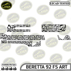 May include: Laser-cut Beretta 92 FS art design. The design features intricate floral and scroll patterns. The word "BERETTA" is displayed in a banner. The image also includes file type options: PNG, SVG, AI, and DXF.