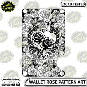 May include: Black and white wallet pattern art featuring a rose design. The design includes a heart-shaped frame with two roses and a background of roses. The text "WALLET ROSE PATTERN ART" is at the bottom.