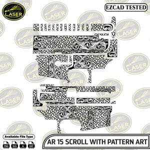 May include: A black and white AR-15 scroll design featuring detailed floral patterns and a textured background. The design includes the text "AR 15 SCROLL WITH PATTERN ART" and is available in PNG, SVG, AI, and DXF file types.
