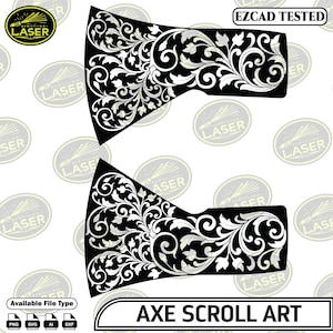 May include: Two black axe head designs with detailed white scroll art. The image includes the text "AXE SCROLL ART" and file type icons. The design is labelled "EZCAD TESTED".