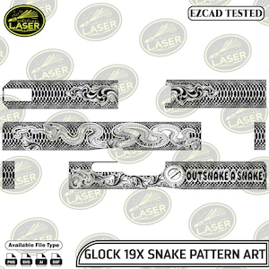 May include: A black and white Glock 19X snake pattern art design. The design includes a snake, floral elements, and the text "OUTSNAKE A SNAKE". Available file types are PNG, SVG, AI, and DXF.