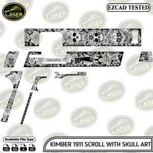 May include: Black and white Kimber 1911 scroll with skull art. The design features detailed sugar skulls and floral patterns. The image includes various file types: PNG, SVG, AI, and DXF.