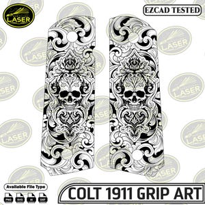 May include: Two black and white Colt 1911 grip art panels. Each panel has a detailed skull design with floral and scrollwork patterns. The text "COLT 1911 GRIP ART" is at the bottom. The image also shows file type options.