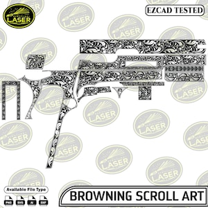 May include: Black and white Browning Scroll Art design. The image shows various laser-cut patterns with intricate floral scrollwork. The design includes the text "EZCAD TESTED" and "BROWNING SCROLL ART". Available file types are PNG, SVG, AI, and DXF.