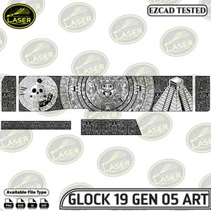 Puede incluir: Diseño en blanco y negro con temática azteca para una Glock 19 Gen 05. El diseño incluye una calavera, un calendario y una pirámide. La imagen también incluye el texto "EZCAD TESTED" y "GLOCK 19 GEN 05 ART".