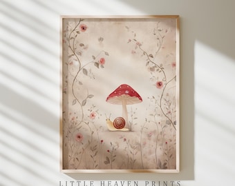 Whimsical Mushroom Nursery Digital Print - Vintage Toadstool Artwork, Cute Snail Painting, Coquette Cottagecore Wall Art, Instant Download