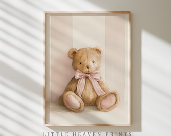 Coquette Teddy Bear Print, Vintage Nursery Wall Art for Baby Girl Room, Cottagecore Pastel Kids Decor, Whimsical Teddy Printable Download
