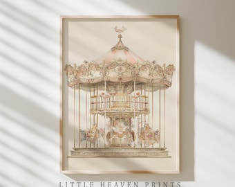 Vintage Carousel Nursery Wall Art Printable, Whimsical Merry Go Round Print for Baby Room Decor, Grandmillennial Nursery Digital Download