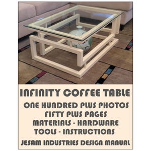 Puede incluir: Una mesa de centro moderna con una tapa de vidrio transparente y una base geométrica blanca. La mesa tiene un diseño único y presenta un jarrón decorativo en el interior. El texto de la imagen dice "INFINITY COFFEE TABLE" y "JESAM INDUSTRIES DESIGN MANUAL".