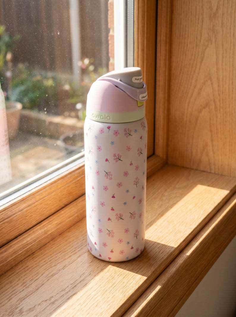 May include: A white Owala water bottle featuring a repeating pattern of small pink and blue flowers. The bottle has a light green collar and a grey lid with a push-button mechanism. The brand name Owala is printed in small letters on the collar.