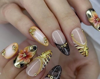 Uñas postizas con diseño de flores 3D, punta francesa ombré, estampado de leopardo, color perla y almendra medio.